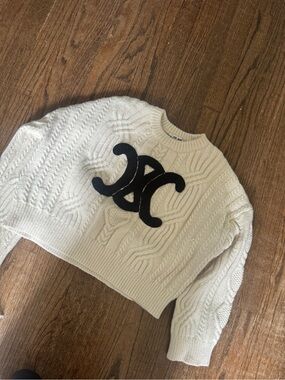 Celine Cream Cable-Knit Cropped Sweater with Black Logo Applique